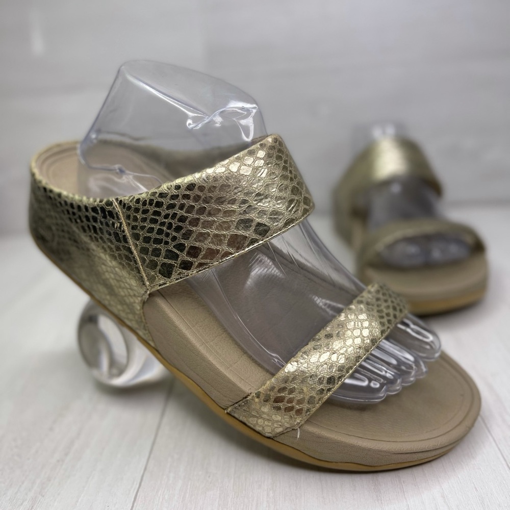 Women's FitFlop Lulu Metallic Snake Comfort Slides Sandals Pale Gold Size 10
